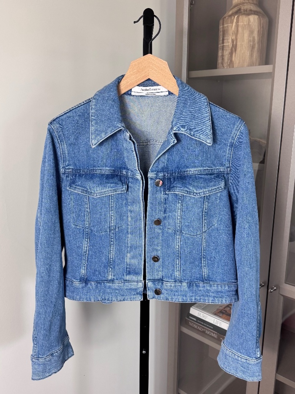 Another Tomorrow Blue Denim Concealed Button-Up Cropped Jean Jacket IT 38 US 2